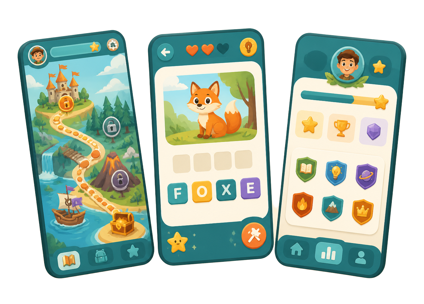 Three KODO app screens: the quest map, a word challenge card and the explorer progress dashboard