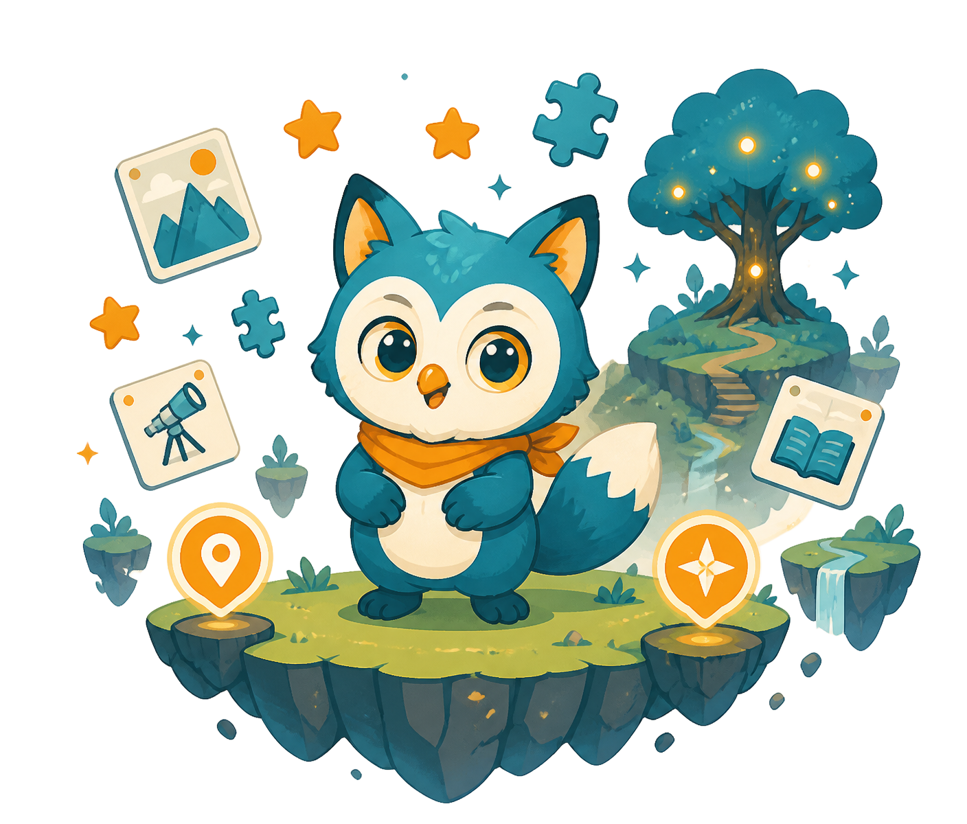 Kodo, the KODO companion, standing on a floating island surrounded by quest markers, stars and puzzle pieces