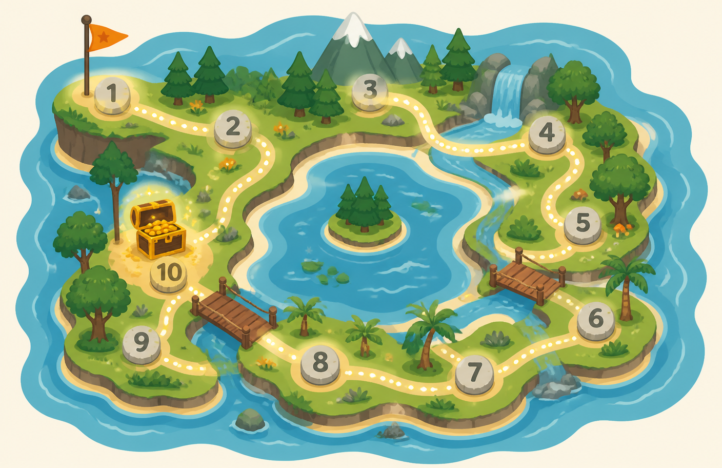 Illustrated KODO quest map with numbered stops, bridges, forests and a treasure chest