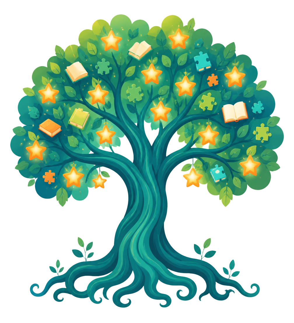 The KODO Tree of Knowledge, with glowing star fruit, books and puzzle pieces in its branches